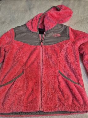 The North Face Pink Hooded Plush Fleece Jacket with Gray Yoke